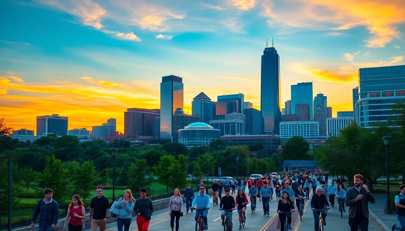 Experience the vibrant skyline of Charlotte NC, blending modern architecture with lively street activities.