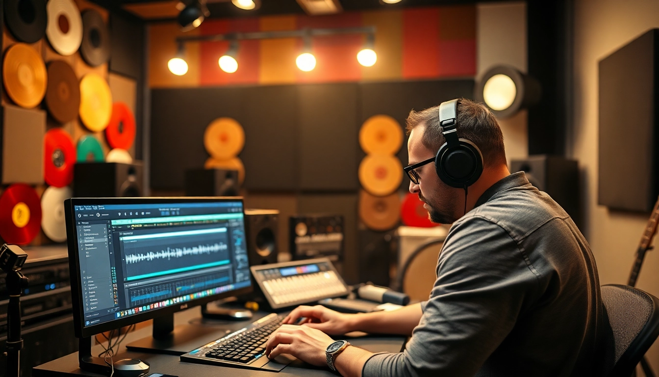 Download curated Bass one shot samples in a vibrant music studio environment