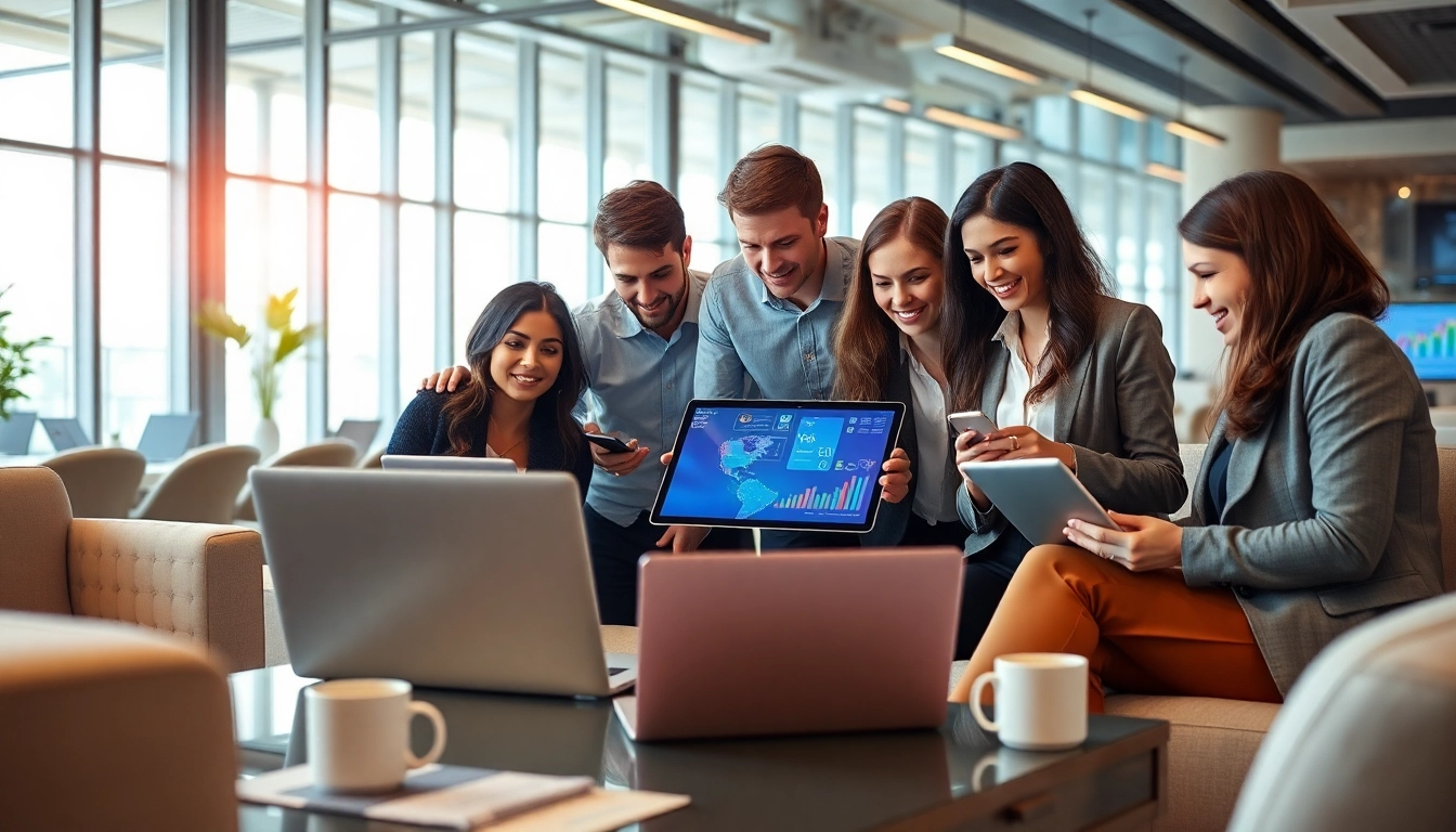 Innovative teamwork among technology companies featuring professionals collaborating with digital devices.