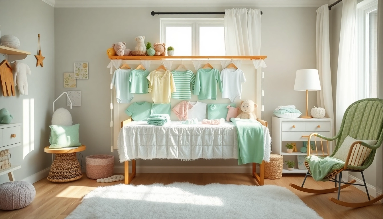 Showcasing Newborn bamboo clothes in a cozy, pastel nursery with soft lighting and décor.