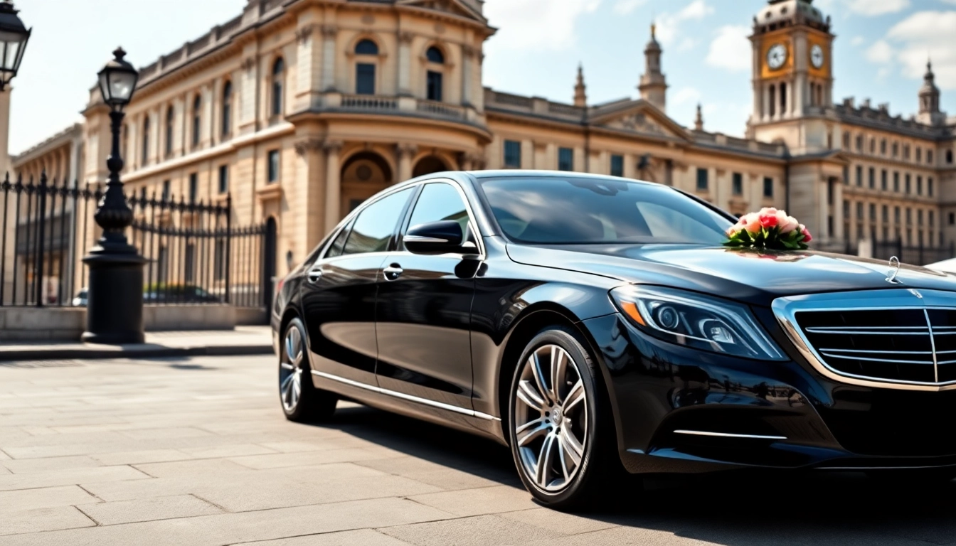 Experience luxury chauffeur service London with an elegant black sedan near a historic landmark.