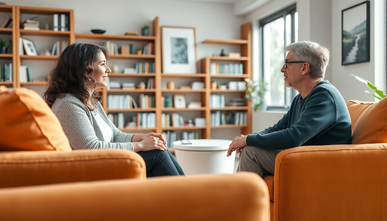 Counselling session showcasing a therapist and client in a warm, inviting office setting.
