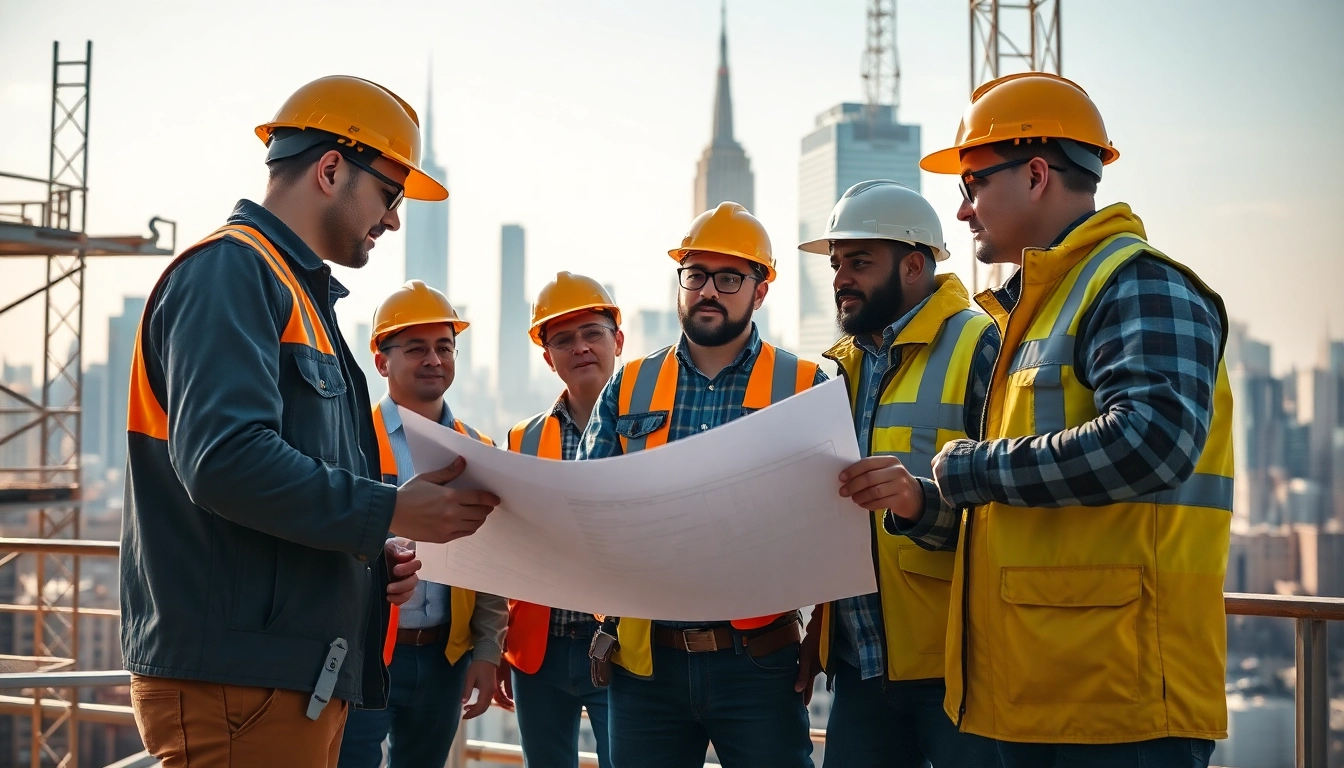 New York Commercial General Contractor team discussing blueprints for a high-rise building